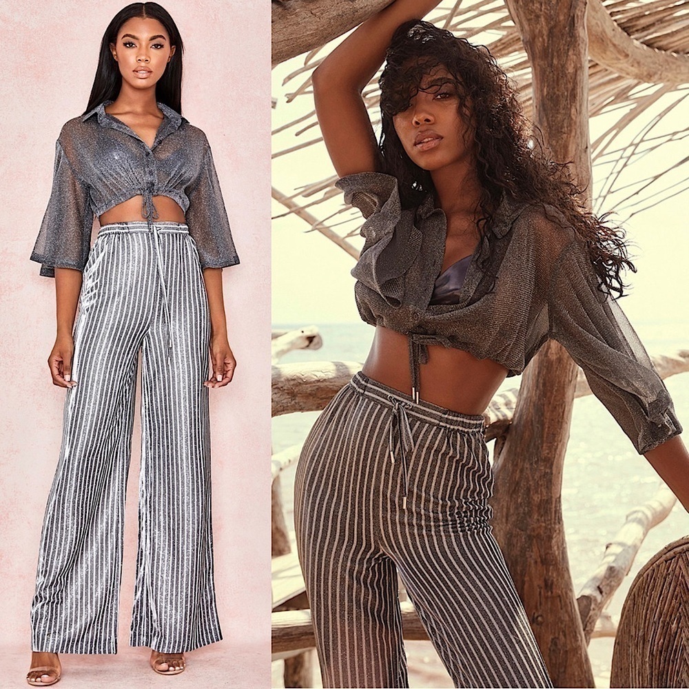 HOUSE OF‎ CB Sheer Sparkle Mesh Button Up Wide Sleeve Drawstring Y2K Crop Top XL